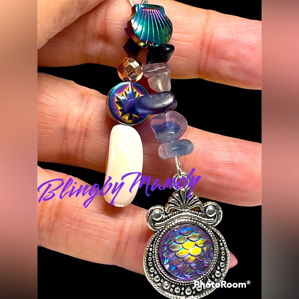 Fluorite and mermaid charm keychain -purples
